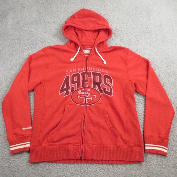 Mitchell & Ness Mens 49ers Niners San Francisco Hoodie size L Full Zip Distress - Picture 1 of 12